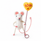 A white felt mouse figurine with pink ears, holding a yellow heart-shaped balloon that reads &