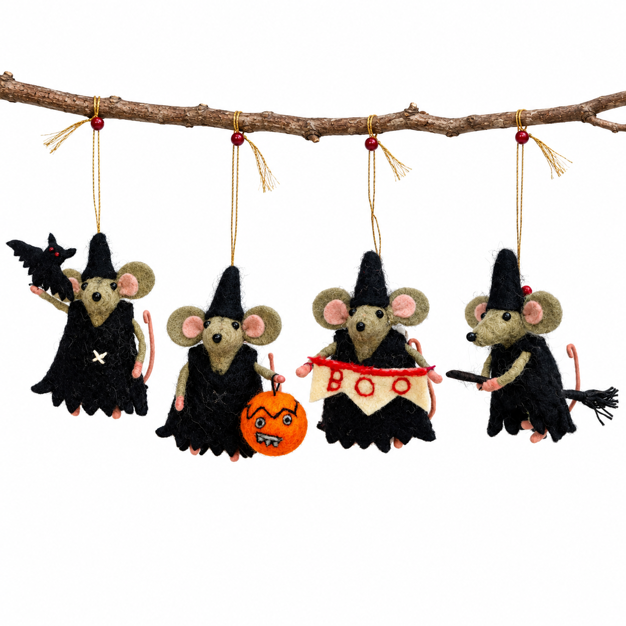 Agatha the Witch Halloween decorations bundle: four handmade felt witch hanging decorations, on a broom, with a lantern, with Burt the Bat and with a Boo banner