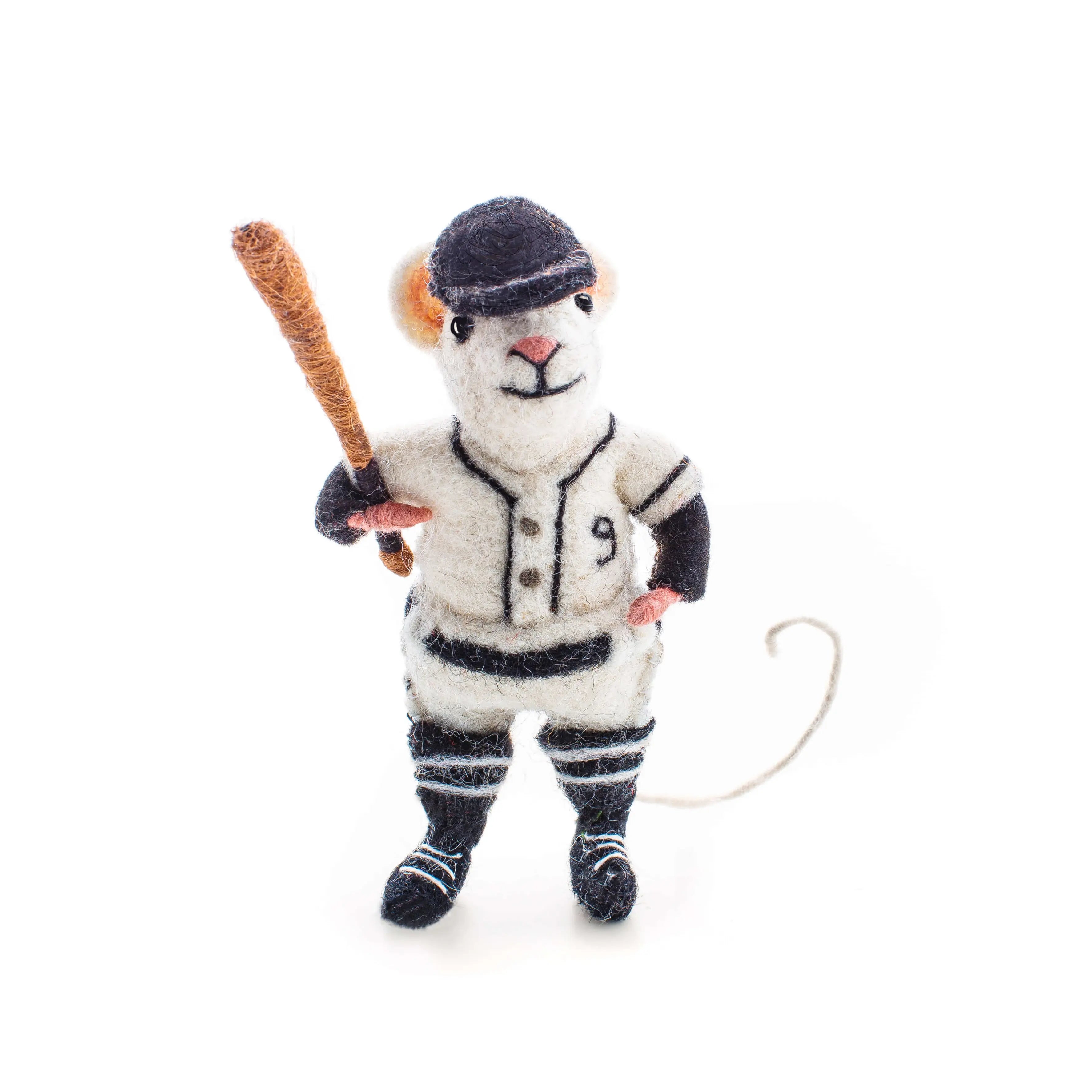 A hand-felted wool toy resembling a mouse dressed in a baseball uniform, holding a baseball bat.