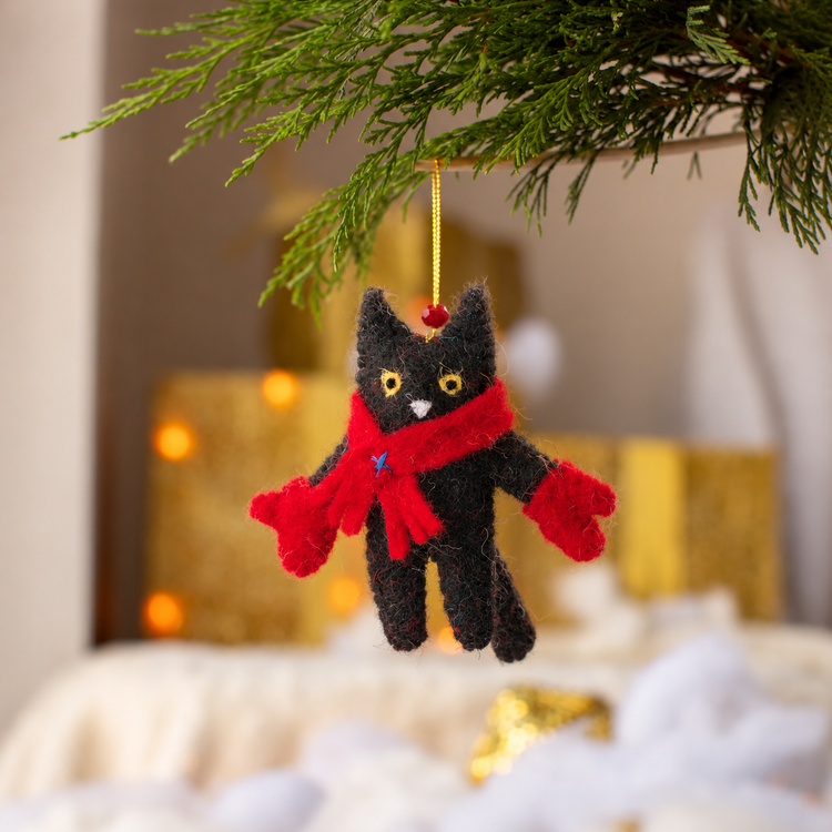 Black Kitten in Mittens Decoration Sew Heart Felt