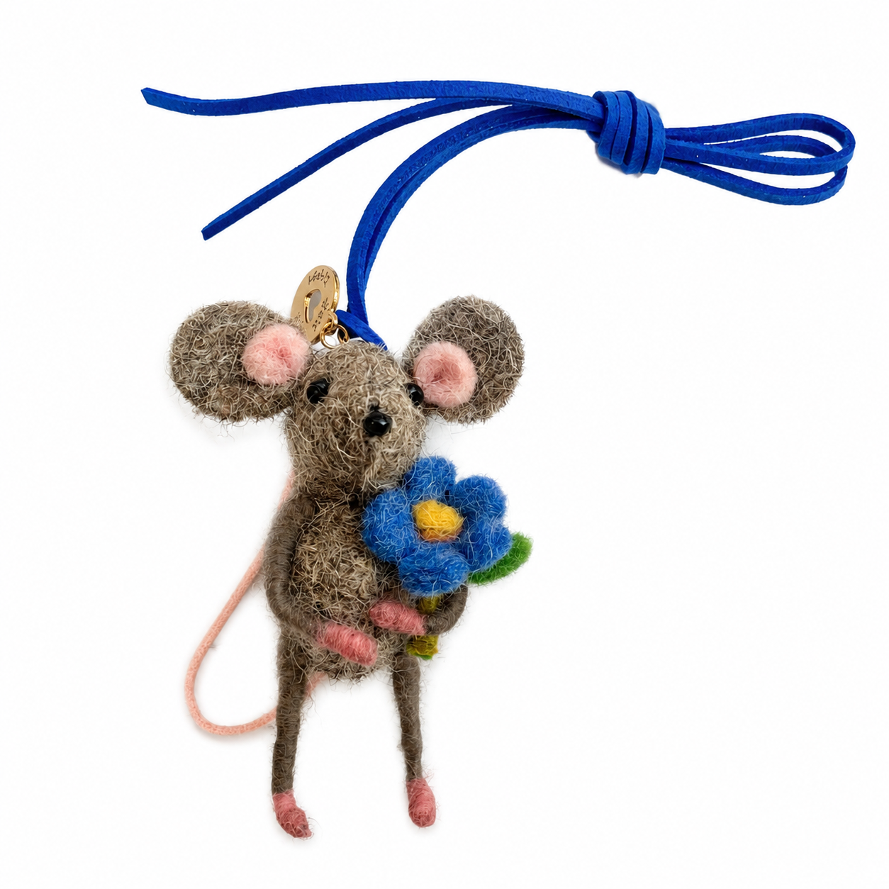 Forget Me Not Mouse handmade felt bag charm holding a blue flower by Sew Heart Felt