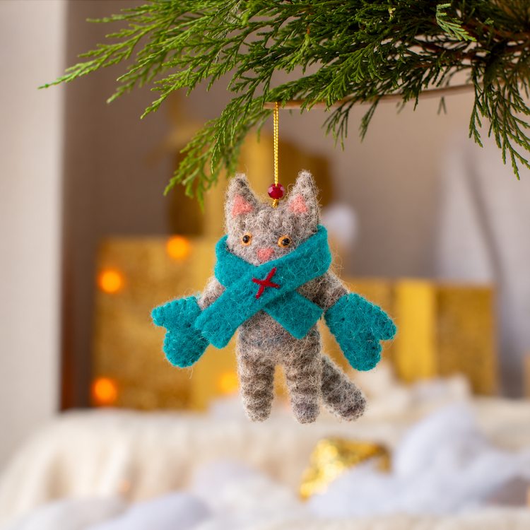 Grey Kitten in Mittens Decoration Sew Heart Felt