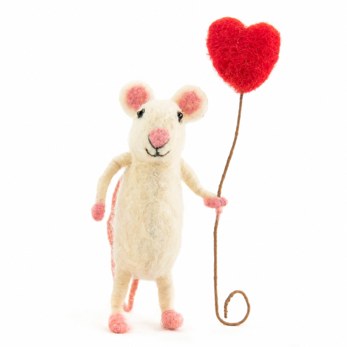 Happy Heart Balloon Mouse, a handmade felt mouse holding a red heart-shaped balloon, by Sew Heart Felt