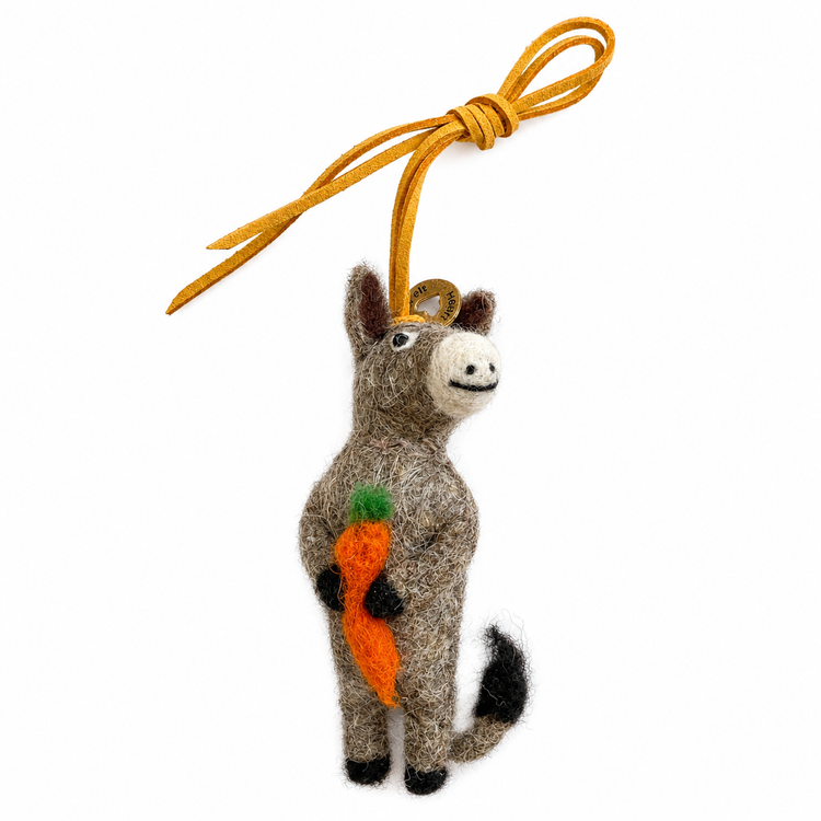 Ned Loves Carrots Donkey handmade felt bag charm holding a carrot by Sew Heart Felt