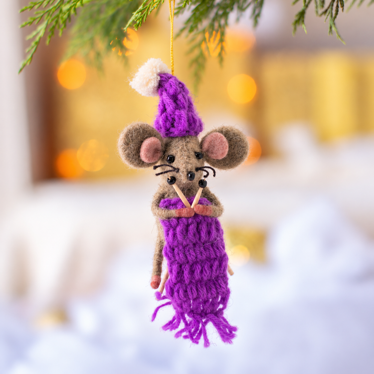 Needles & Purple Knitting Mouse Decoration Sew Heart Felt