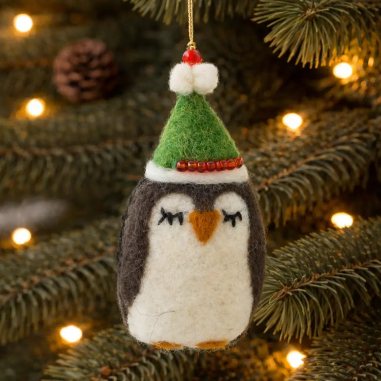 Pamela Penguin in a Green Festive Hat Decoration (Set of 4) Sew Heart Felt
