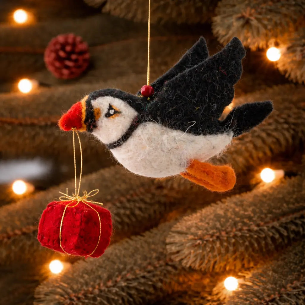 Pembroke Puffin with a Present Decoration (Set of 4) Sew Heart Felt