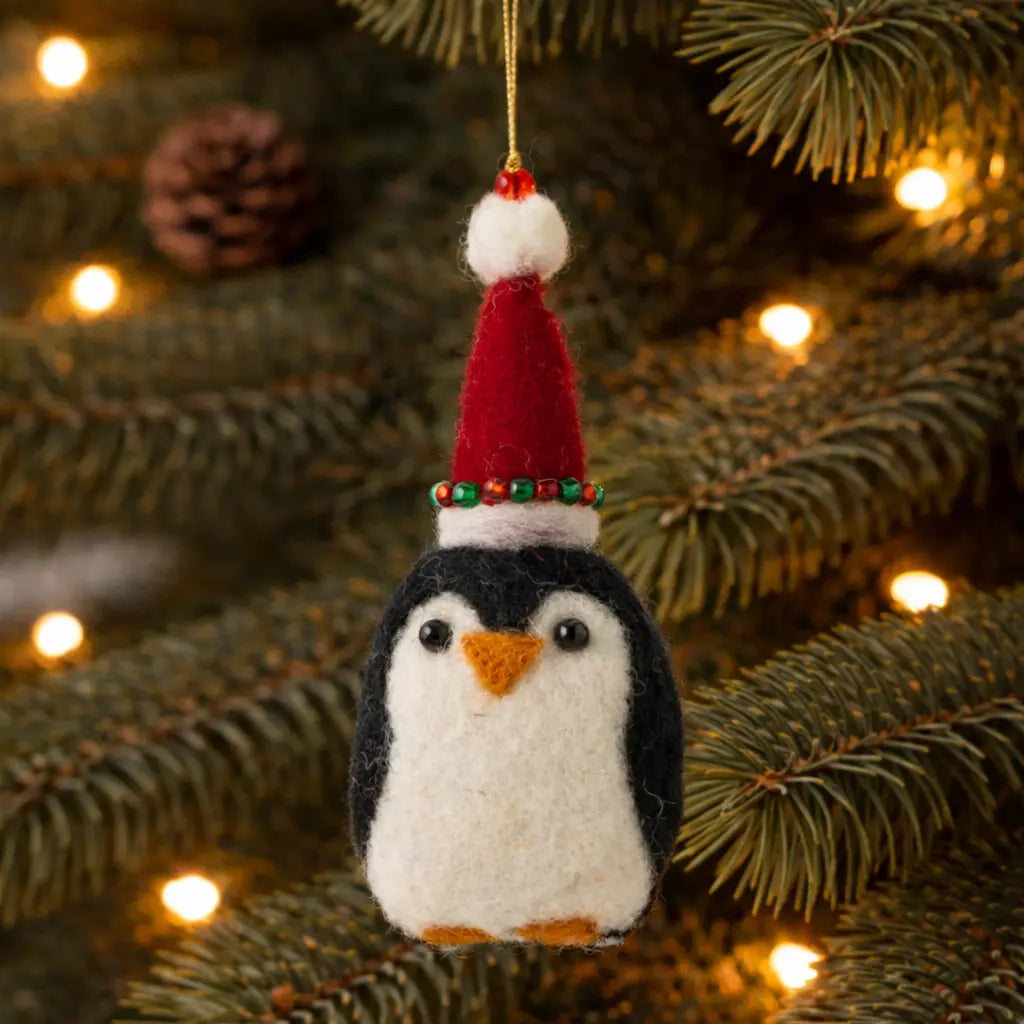 Pete Penguin a Red Festive Hat Decoration (Set of 4) Sew Heart Felt