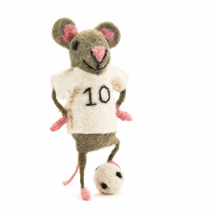 White Footballer Mouse, a handmade felt mouse in a white football shirt with a miniature football, by Sew Heart Felt