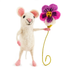 Mouse with Pansy, a handmade white felt mouse carrying a purple pansy, by Sew Heart Felt
