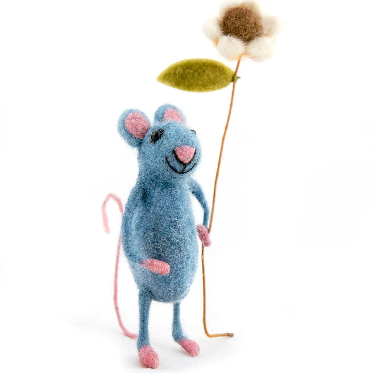 Pretty Blue Mouse with Flower, a handmade felt blue mouse carrying a spring flower, by Sew Heart Felt