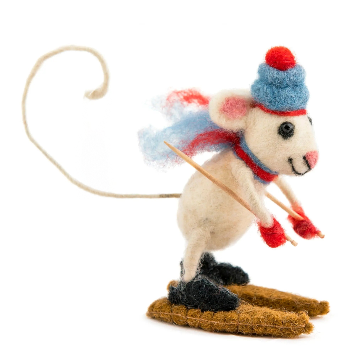 Skiing Mouse, a handmade felt mouse on skis, by Sew Heart Felt