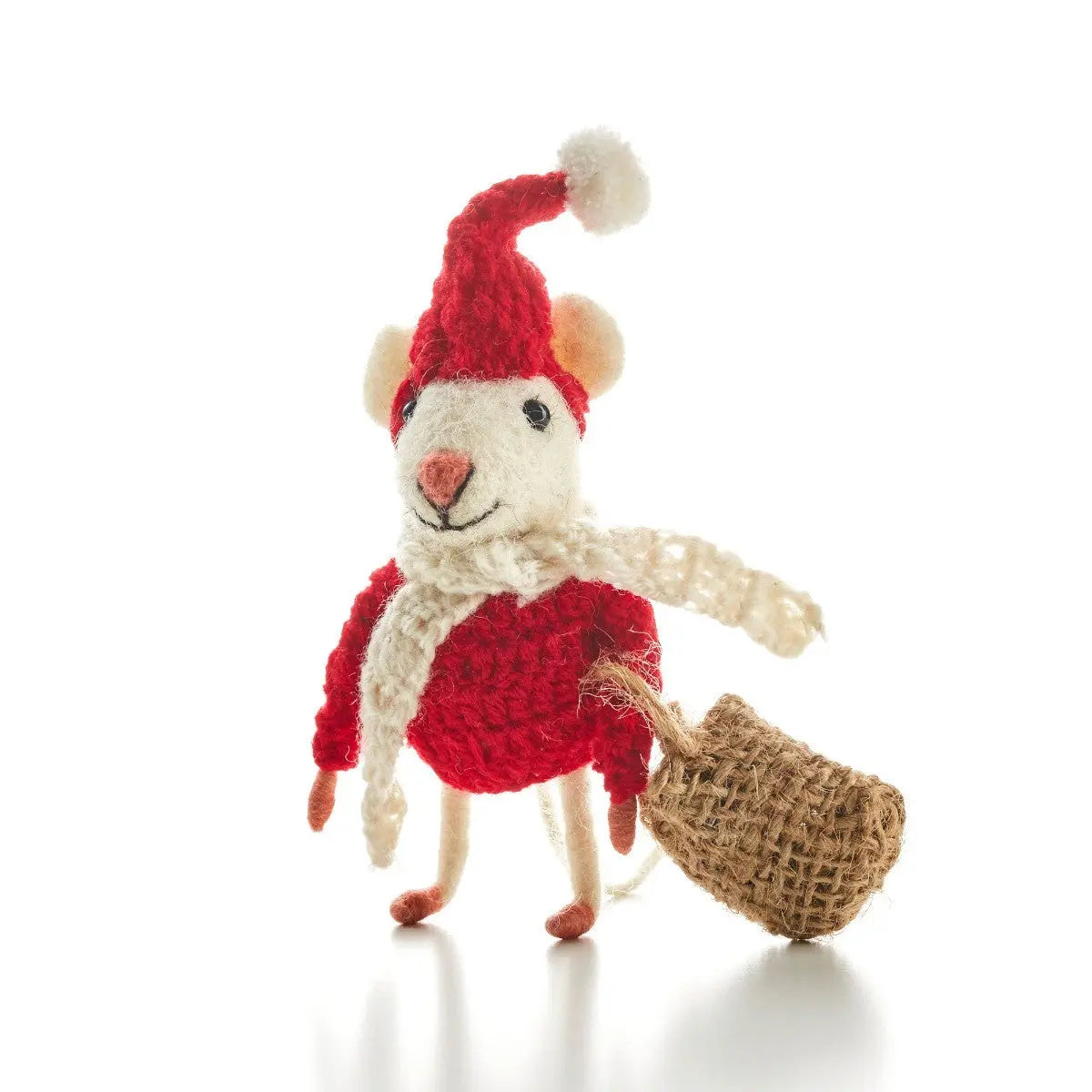 A hand-felted wool toy depicting a small mouse dressed in a red Christmas outfit, complete with a pom-pom hat and a woolly scarf, holding a bag of treasures that looks like father christmas.